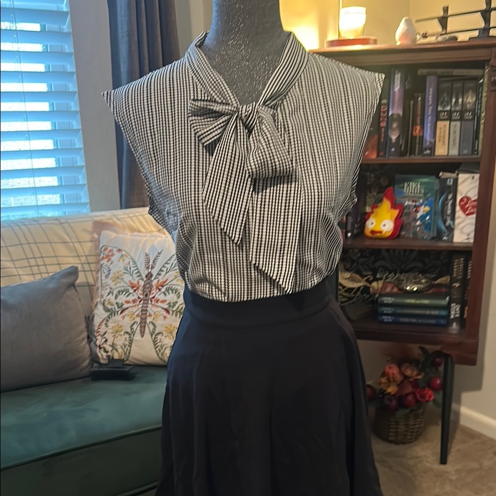 Black and White Checkered Blouse with Bow